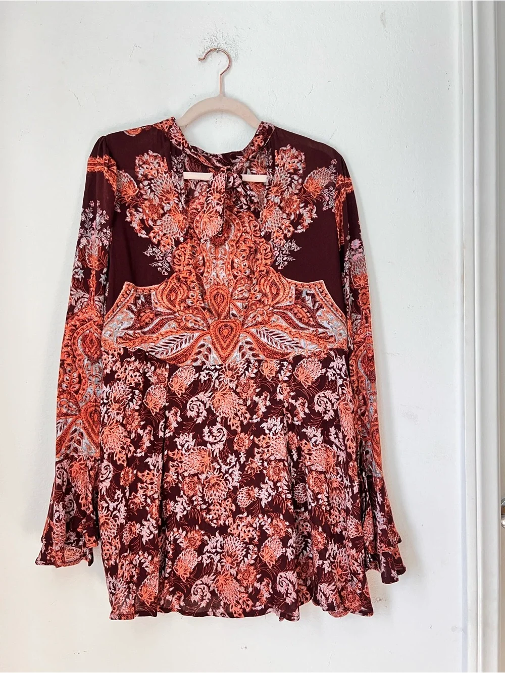 Free People Lady Luck Tunic Burgundy Red Floral Mini Dress Medium Boho Festival